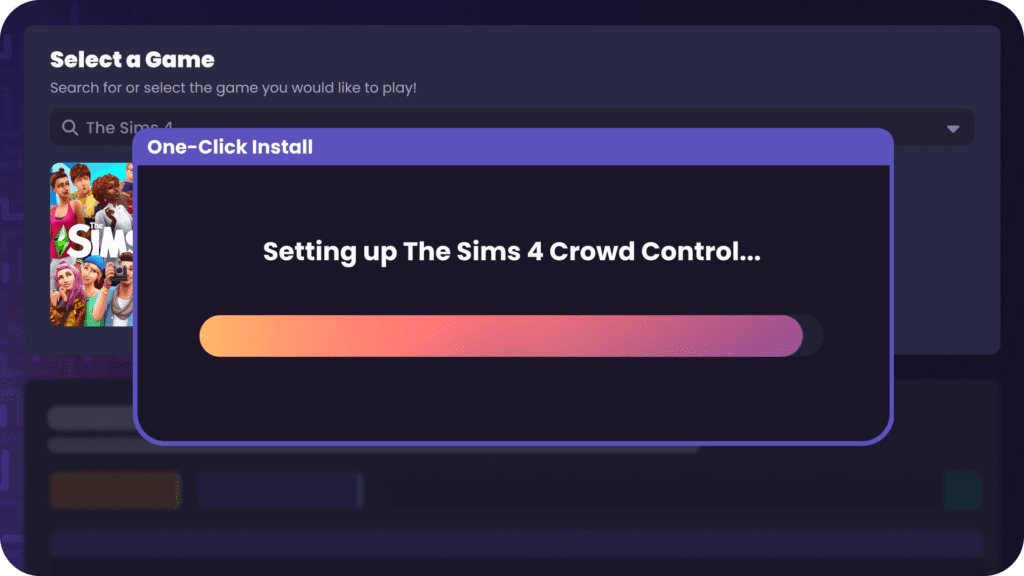An app popup window that says "Setting up The Sims 4 Crowd Control"